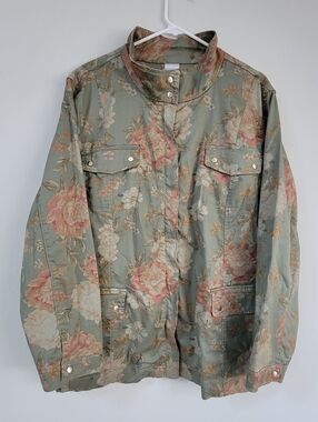 Chicos Floral Zip-Up Barn Spring Chore Coat Women's Size 4 (20-22) Country Chic